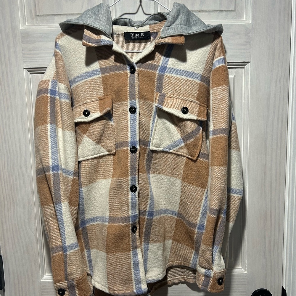 Blue B Plaid Button-Up Jacket with Hood